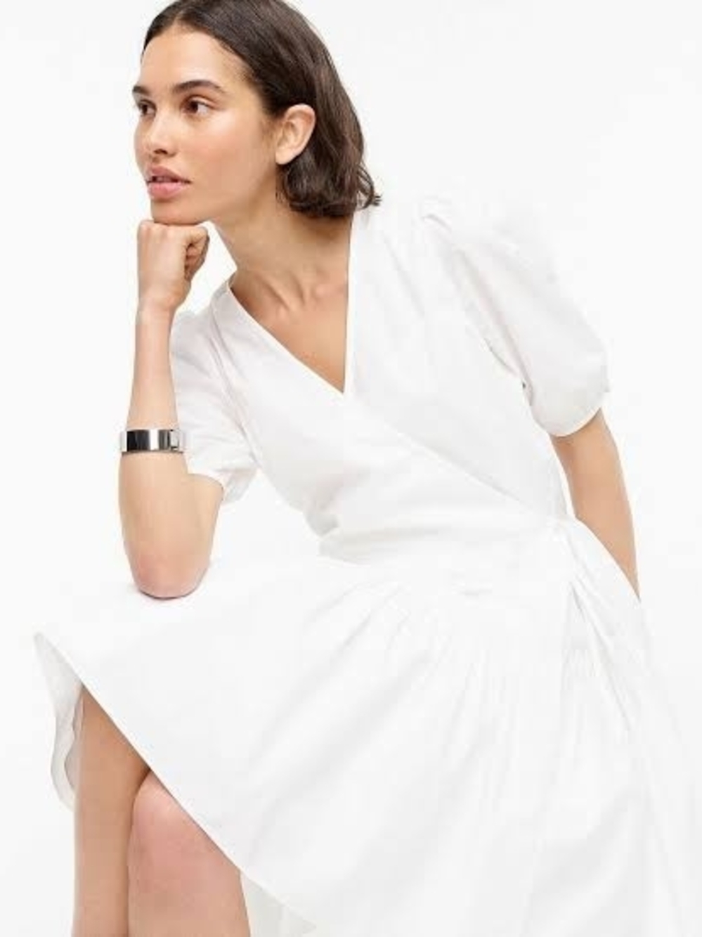J.Crew 100%cotton Puff Short Sleve  Babydol Tiered V-Neck Wrap Midi Dress WhiteS